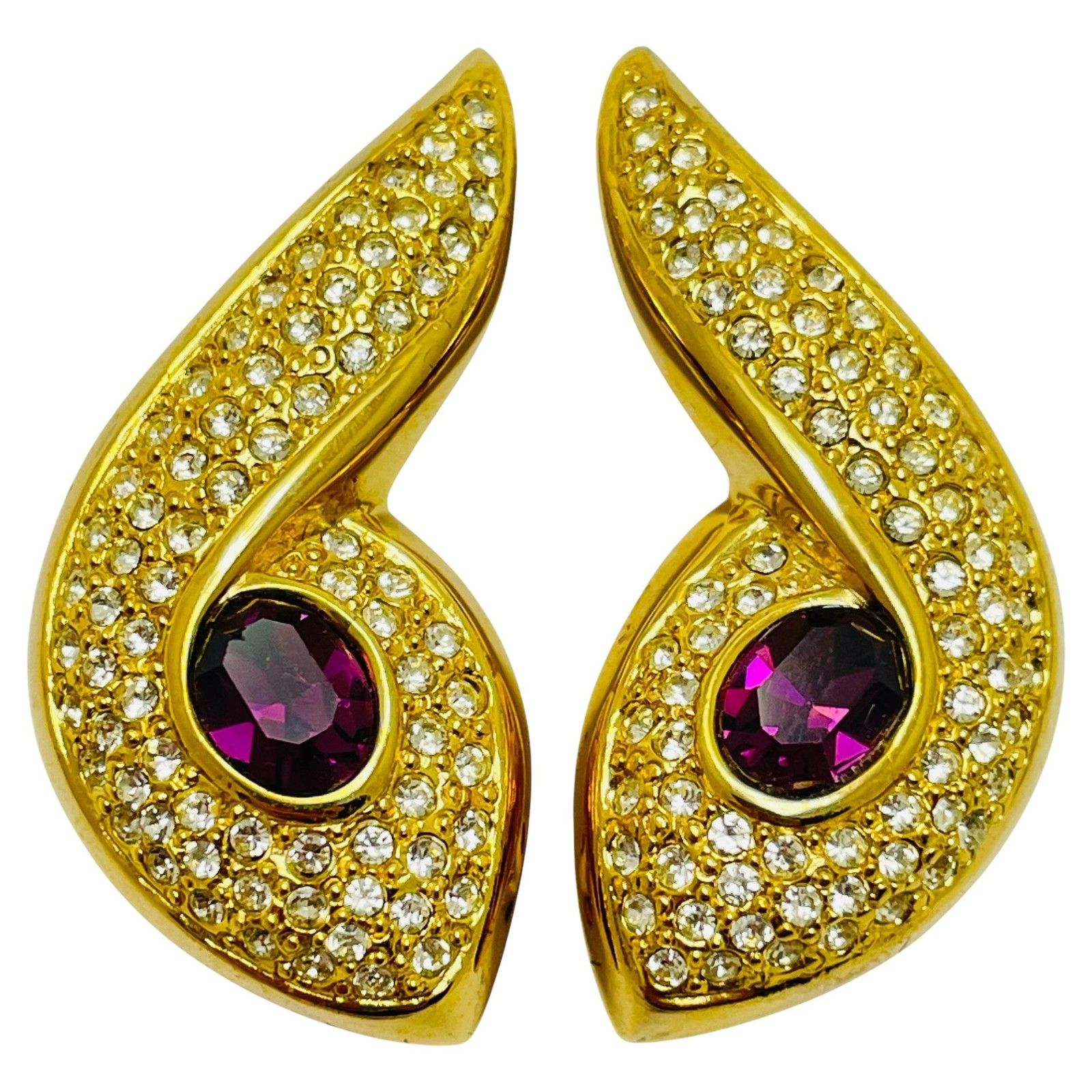 Vintage Piscitelli Gold Tone Amethyst Glass Designer Runway Clip On Earrings